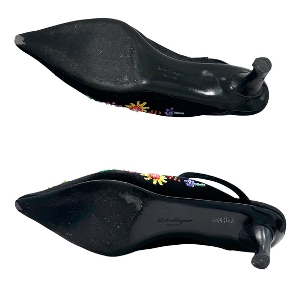 FERRAGAMO BLACK VELVET W MULTICOLOR FLORAL BEADED DESIGN KITTEN HEEL MULE - Picture 16 of 16